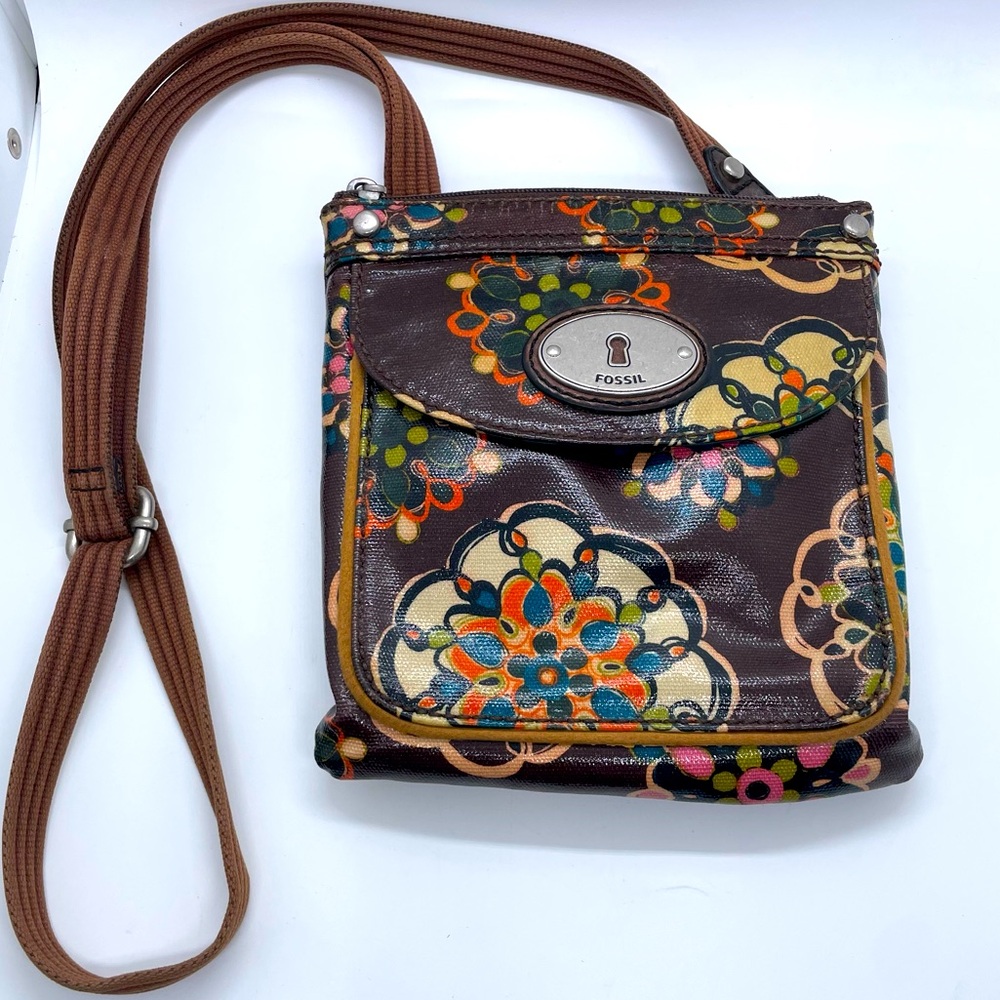 Fossil Key-Per Cross Body Purse Floral Autumn Colors Organized
